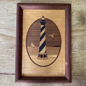 Vintage Marquetry Wood Art Hatteras Lighthouse Outer Banks Jeff Nelson Beach